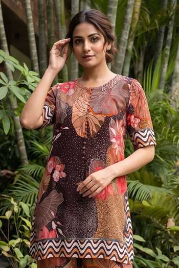 Ajiesh Oberoi_Brown Crepe, Bamboo Round Neck, Yes Flower Print Kurta And Pant Set _Online_at_Aza_Fashions