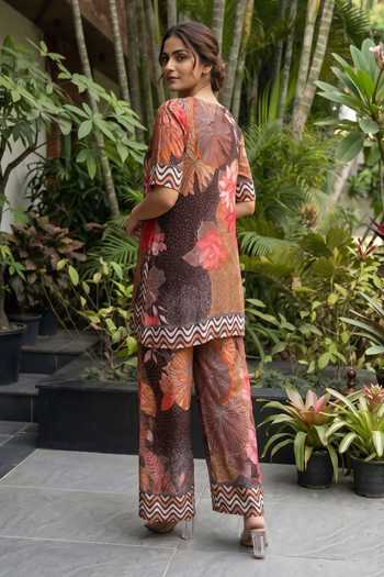 Shop_Ajiesh Oberoi_Brown Crepe, Bamboo Round Neck, Yes Flower Print Kurta And Pant Set _at_Aza_Fashions