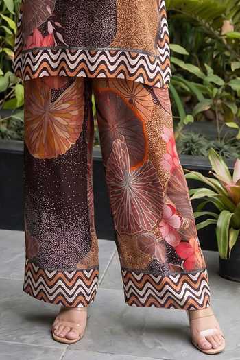 Buy_Ajiesh Oberoi_Brown Crepe, Bamboo Round Neck, Yes Flower Print Kurta And Pant Set _Online_at_Aza_Fashions