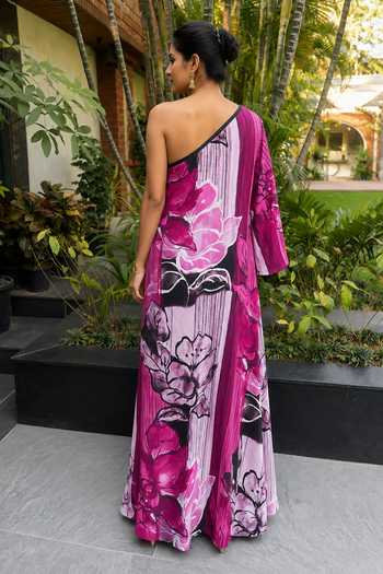Shop_Ajiesh Oberoi_Pink Crepe, Bamboo One Shoulder Floral Print Maxi Dress _at_Aza_Fashions