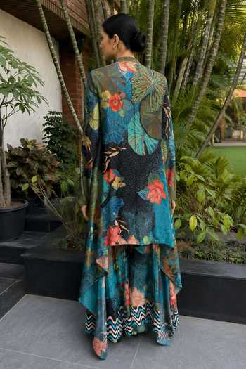 Shop_Ajiesh Oberoi_Blue Crepe, Bamboo Open Neck, Zig Zag Print Cape Palazzo Set _at_Aza_Fashions