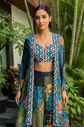 Ajiesh Oberoi_Blue Crepe, Bamboo Open Neck, Zig Zag Print Cape Palazzo Set _Online_at_Aza_Fashions