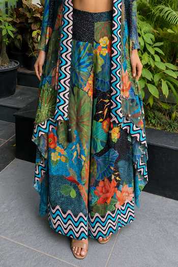 Buy_Ajiesh Oberoi_Blue Crepe, Bamboo Open Neck, Zig Zag Print Cape Palazzo Set _Online_at_Aza_Fashions