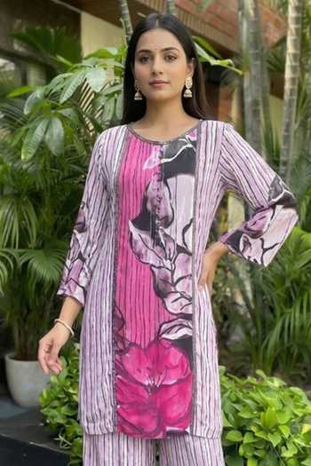 Buy_Ajiesh Oberoi_Pink Crepe, Bamboo Round Neck, Yes Floral Print Kurta And Pant Set _Online_at_Aza_Fashions