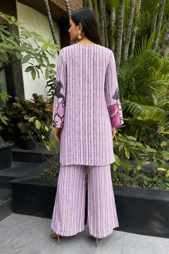 Shop_Ajiesh Oberoi_Pink Crepe, Bamboo Round Neck, Yes Floral Print Kurta And Pant Set _at_Aza_Fashions