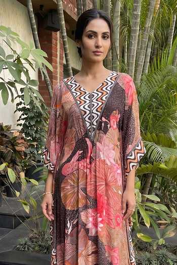 Ajiesh Oberoi_Brown Crepe, Bamboo V-neck Floral Print Kaftan _Online_at_Aza_Fashions