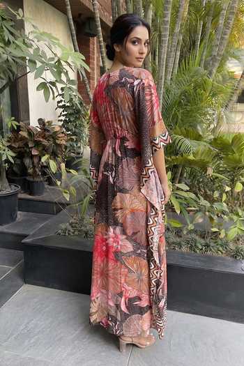 Buy_Ajiesh Oberoi_Brown Crepe, Bamboo V-neck Floral Print Kaftan _Online_at_Aza_Fashions