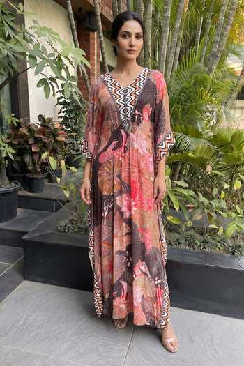 Buy_Ajiesh Oberoi_Brown Crepe, Bamboo V-neck Floral Print Kaftan _at_Aza_Fashions