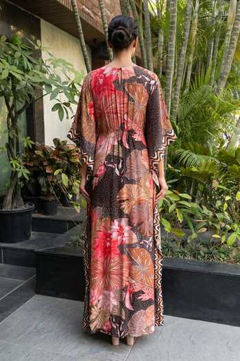Shop_Ajiesh Oberoi_Brown Crepe, Bamboo V-neck Floral Print Kaftan _at_Aza_Fashions