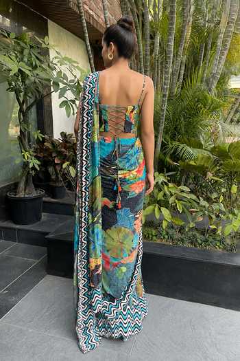 Shop_Ajiesh Oberoi_Blue Crepe, Bamboo V-neck Botanical Print Saree With Blouse _at_Aza_Fashions