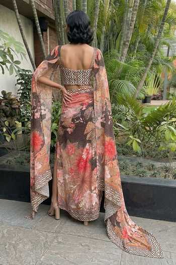 Shop_Ajiesh Oberoi_Multi Color Crepe, Bamboo, Lycra Sweetheart Neck Printed Cape Skirt Set _at_Aza_Fashions