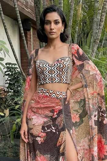 Buy_Ajiesh Oberoi_Multi Color Crepe, Bamboo, Lycra Sweetheart Neck Printed Cape Skirt Set _Online_at_Aza_Fashions