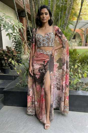 Shop_Ajiesh Oberoi_Multi Color Crepe, Bamboo, Lycra Sweetheart Neck Printed Cape Skirt Set _Online_at_Aza_Fashions