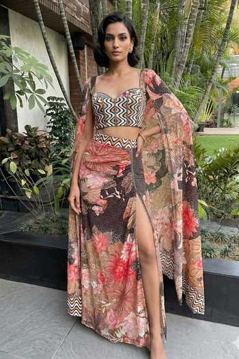 Buy_Ajiesh Oberoi_Multi Color Crepe, Bamboo, Lycra Sweetheart Neck Printed Cape Skirt Set _at_Aza_Fashions
