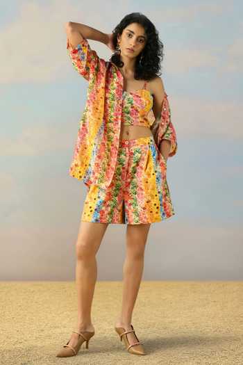 Buy_Dash And Dot_Multi Color Satin Collared Neck, Botanical Stripe Print Shirt And Shorts Set _at_Aza_Fashions