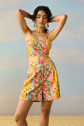 Dash And Dot_Multi Color Satin Collared Neck, Botanical Stripe Print Shirt And Shorts Set _Online_at_Aza_Fashions