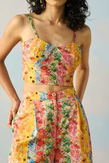 Shop_Dash And Dot_Multi Color Satin Collared Neck, Botanical Stripe Print Shirt And Shorts Set 