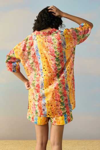 Shop_Dash And Dot_Multi Color Satin Collared Neck, Botanical Stripe Print Shirt And Shorts Set _at_Aza_Fashions
