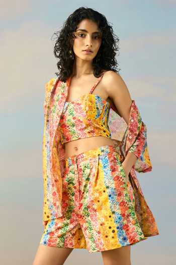 Buy_Dash And Dot_Multi Color Satin Collared Neck, Botanical Stripe Print Shirt And Shorts Set _Online