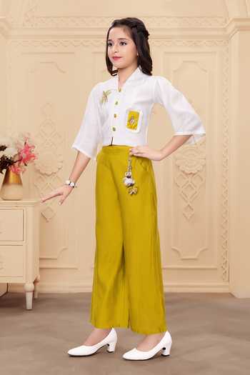 Mini Stitch_Off White Rayon Tassels Coconut Embroidered Top And Palazzo Set _Online_at_Aza_Fashions