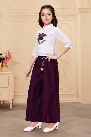 Buy_Mini Stitch_Off White Rayon Tassels Applique Work Top And Palazzo Set _Online_at_Aza_Fashions