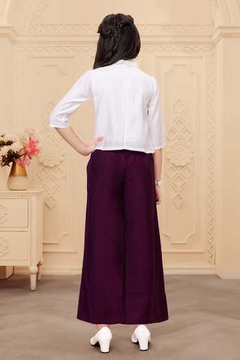 Shop_Mini Stitch_Off White Rayon Tassels Applique Work Top And Palazzo Set _at_Aza_Fashions
