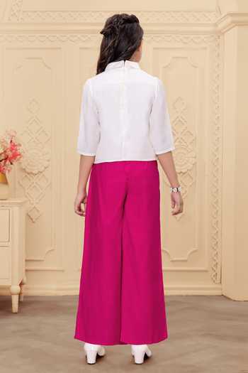 Shop_Mini Stitch_White Rayon Tassels Floral Embroidered Top And Palazzo Set _at_Aza_Fashions