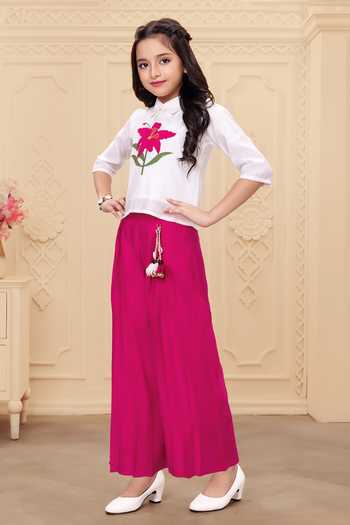 Mini Stitch_White Rayon Tassels Floral Embroidered Top And Palazzo Set _Online_at_Aza_Fashions