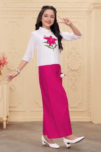 Buy_Mini Stitch_White Rayon Tassels Floral Embroidered Top And Palazzo Set _Online_at_Aza_Fashions