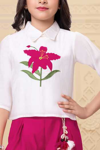 Shop_Mini Stitch_White Rayon Tassels Floral Embroidered Top And Palazzo Set _Online_at_Aza_Fashions