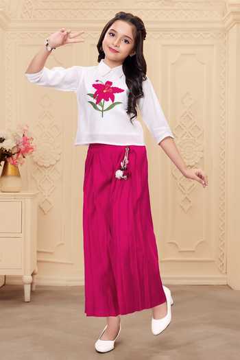 Mini Stitch_White Rayon Tassels Floral Embroidered Top And Palazzo Set _at_Aza_Fashions