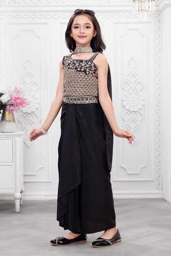 Shop_Mini Stitch_Black Georgette Floral Embroidered Top Skirt Set _Online_at_Aza_Fashions
