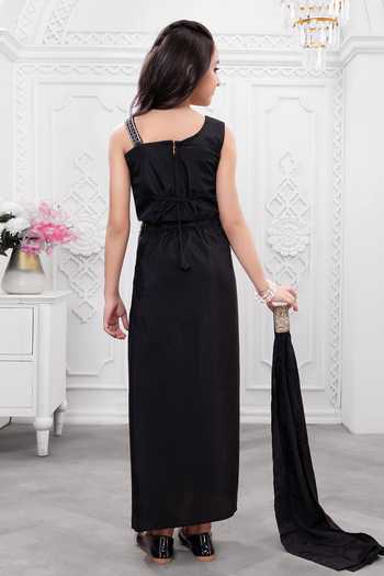 Shop_Mini Stitch_Black Georgette Floral Embroidered Top Skirt Set _at_Aza_Fashions