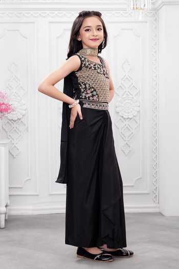 Mini Stitch_Black Georgette Floral Embroidered Top Skirt Set _at_Aza_Fashions