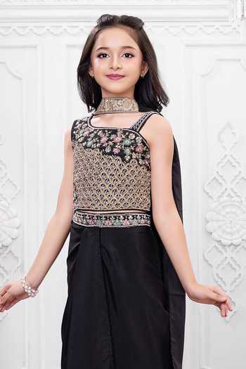 Buy_Mini Stitch_Black Georgette Floral Embroidered Top Skirt Set 