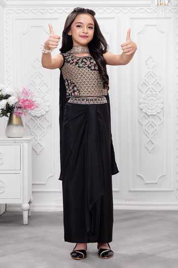 Shop_Mini Stitch_Black Georgette Floral Embroidered Top Skirt Set 