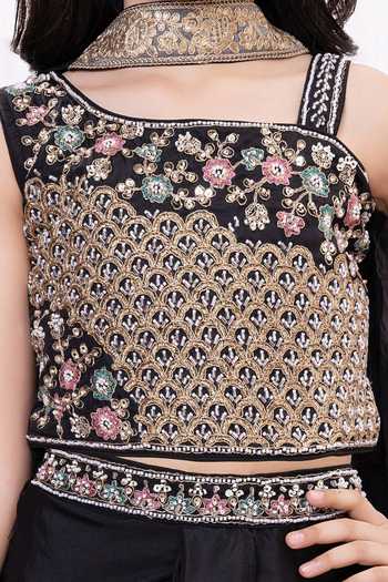 Mini Stitch_Black Georgette Floral Embroidered Top Skirt Set _Online