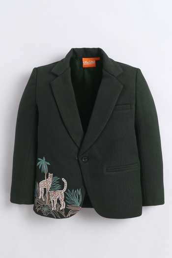 Mini Stitch_Olive Green Cotton Jungle Embroidered Blazer _Online_at_Aza_Fashions