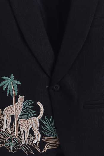 Mini Stitch_Black Cotton Jungle Embroidered Blazer _Online_at_Aza_Fashions