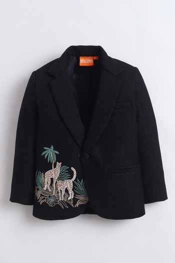 Buy_Mini Stitch_Black Cotton Jungle Embroidered Blazer _Online_at_Aza_Fashions