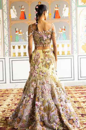 Moledro_Purple Net, Organza, Viscose Sweetheart Neck Sequin Embellished Lehenga Set _at_Aza_Fashions