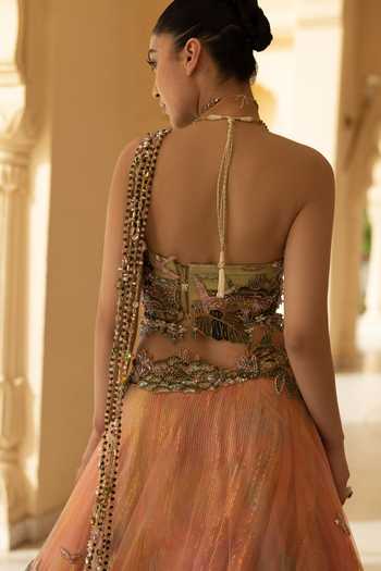 Moledro_Coral Georgette, Organza, Net Embroidery, Sequins, Beads, Corset And Lehenga Set _Online_at_Aza_Fashions