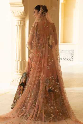 Shop_Moledro_Coral Georgette, Organza, Net Embroidery, Sequins, Beads, Corset And Lehenga Set _at_Aza_Fashions