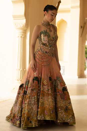 Buy_Moledro_Coral Georgette, Organza, Net Embroidery, Sequins, Beads, Corset And Lehenga Set _Online_at_Aza_Fashions