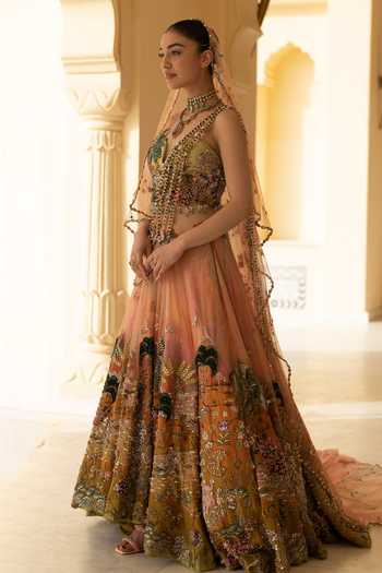 Shop_Moledro_Coral Georgette, Organza, Net Embroidery, Sequins, Beads, Corset And Lehenga Set _Online_at_Aza_Fashions