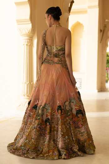 Moledro_Coral Georgette, Organza, Net Embroidery, Sequins, Beads, Corset And Lehenga Set _at_Aza_Fashions
