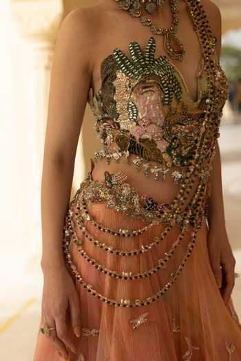 Buy_Moledro_Coral Georgette, Organza, Net Embroidery, Sequins, Beads, Corset And Lehenga Set 