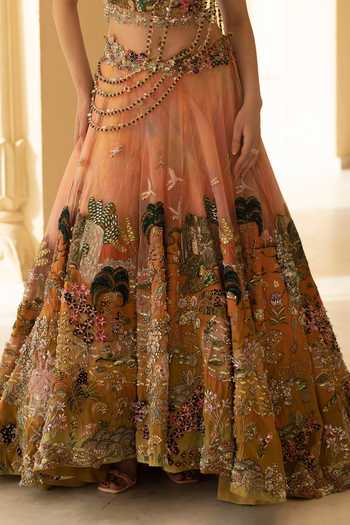 Shop_Moledro_Coral Georgette, Organza, Net Embroidery, Sequins, Beads, Corset And Lehenga Set 