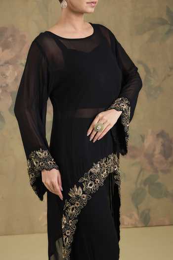 Studio A_Black Georgette Boat , Square Placement Embroidered Kurta And Pant Set _Online_at_Aza_Fashions