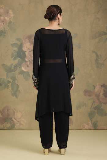 Shop_Studio A_Black Georgette Boat , Square Placement Embroidered Kurta And Pant Set _at_Aza_Fashions